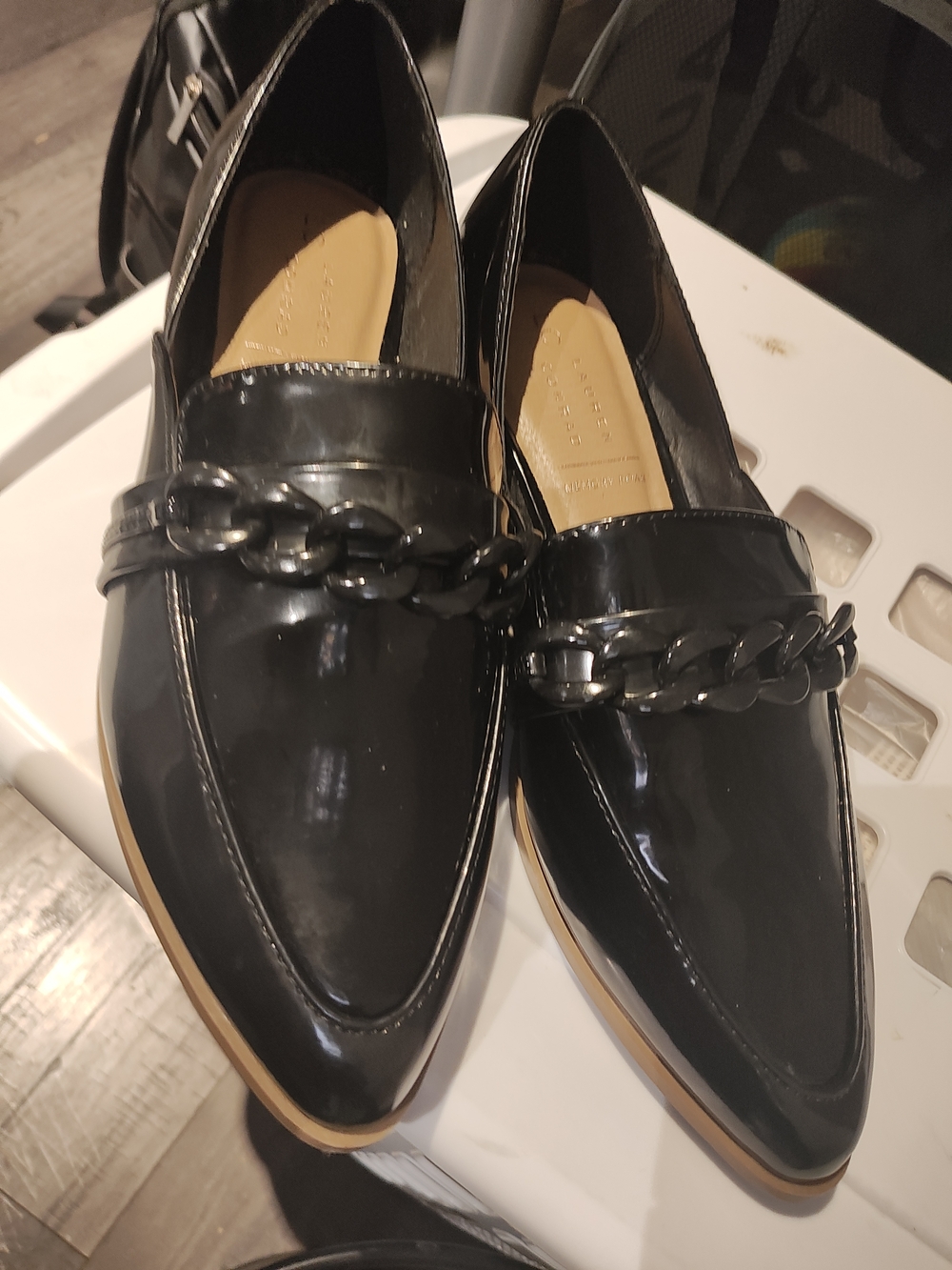 LC Lauren Conrad Black Patent Chain-Detail Loafers 9.5M